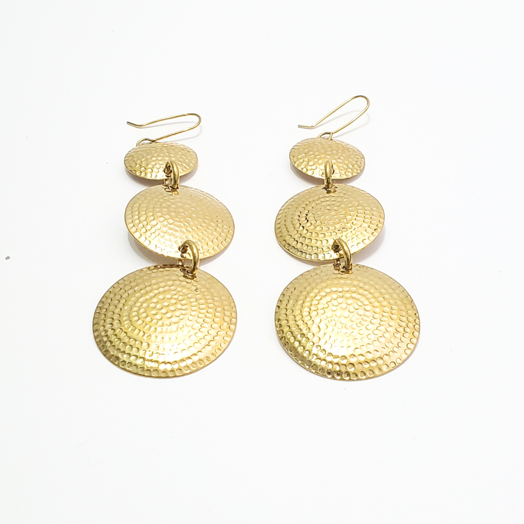 Hammered Brass Earrings Dangle and Drop Moon Set
