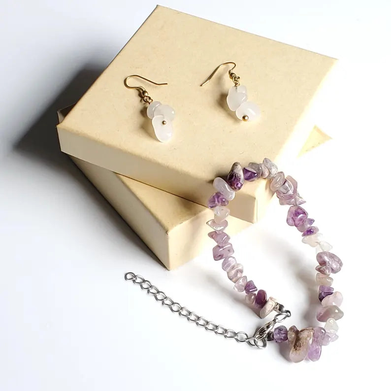 Amethyst Moonstone Crystal Earring and Bracelet Set