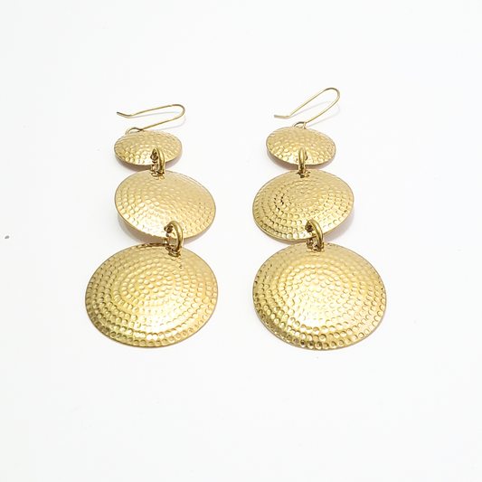 Hammered Brass Earrings Dangle and Drop Moon Set